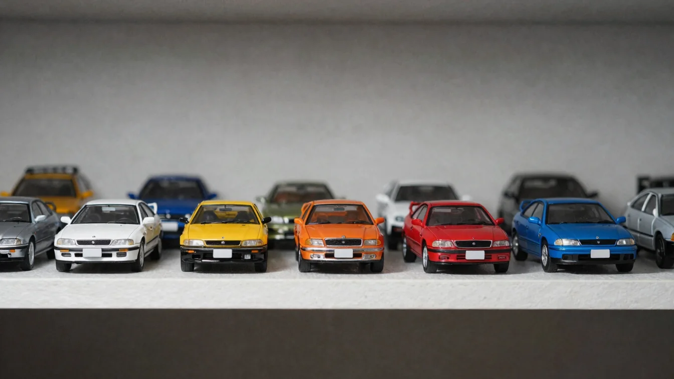 Três miniaturas 1:64 lado a lado em prateleira doméstica, cores v