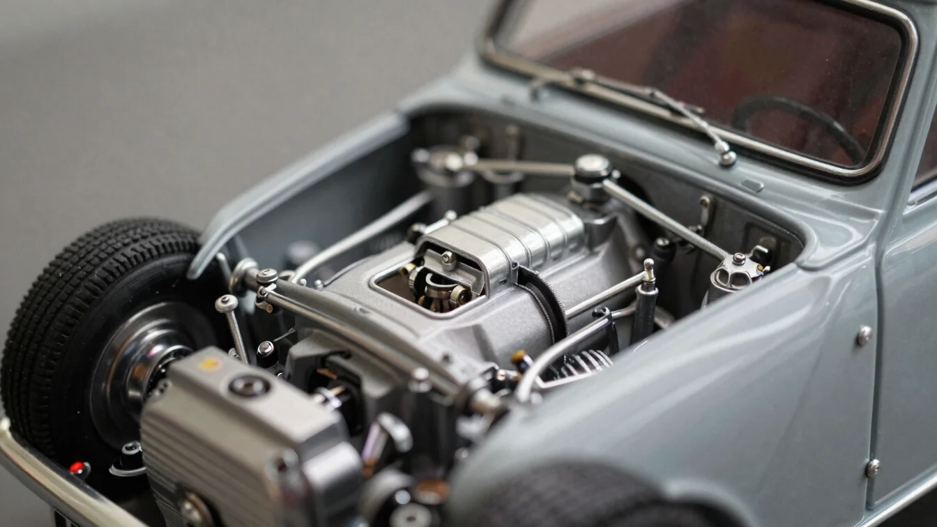 Miniatura 1:18 em close-up do motor e das rodas, detalhes metálic