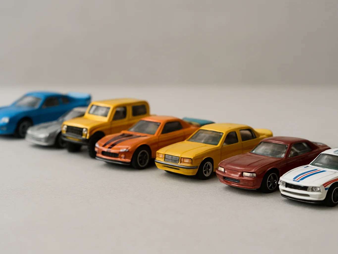 Miniaturas Hot Wheels e Matchbox organizadas em fileira sobre sup