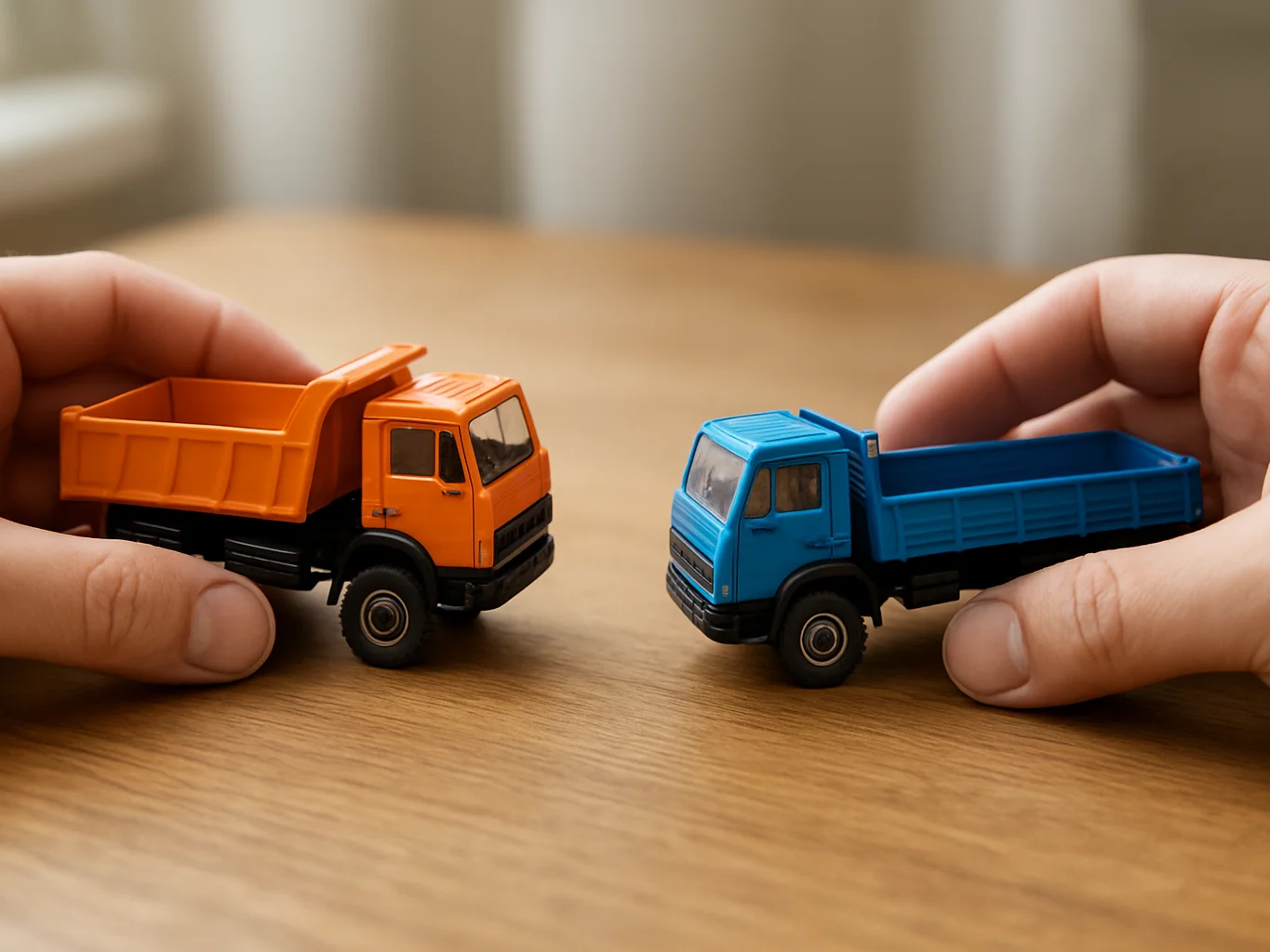 Mãos comparando duas miniaturas de caminhão sobre mesa doméstica,